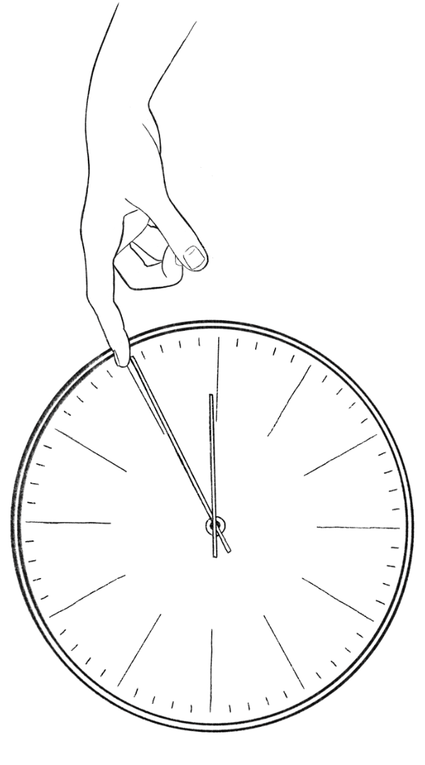 Illustration einer Uhr, die fünf vor zwölf anzeigt und ein Hand berührt mit Zeigefinder den Minutenzeiger